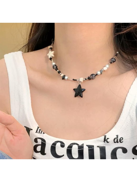 Vintage Goth Cool Dopamine Star Pendant Beaded Chain Necklace For Women#