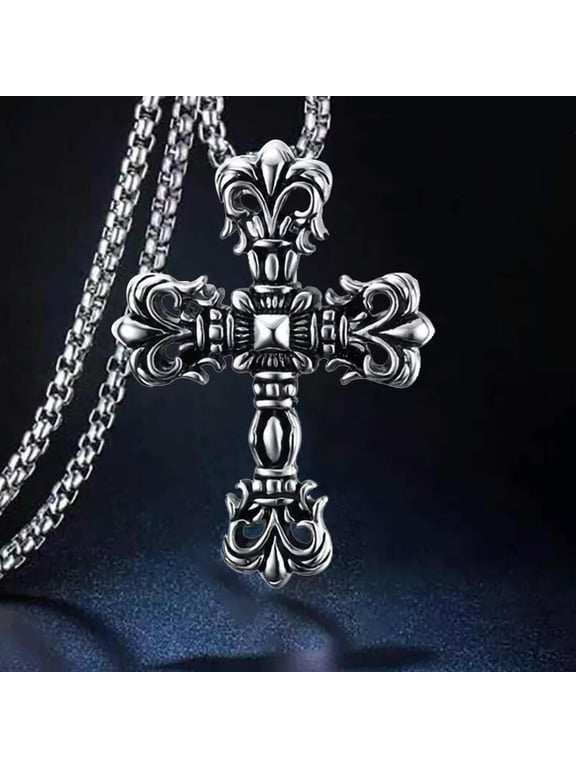 Vintage Gothic Silver Cross Pendant Necklace Punk Rock Biker Jewelry For Men 24"