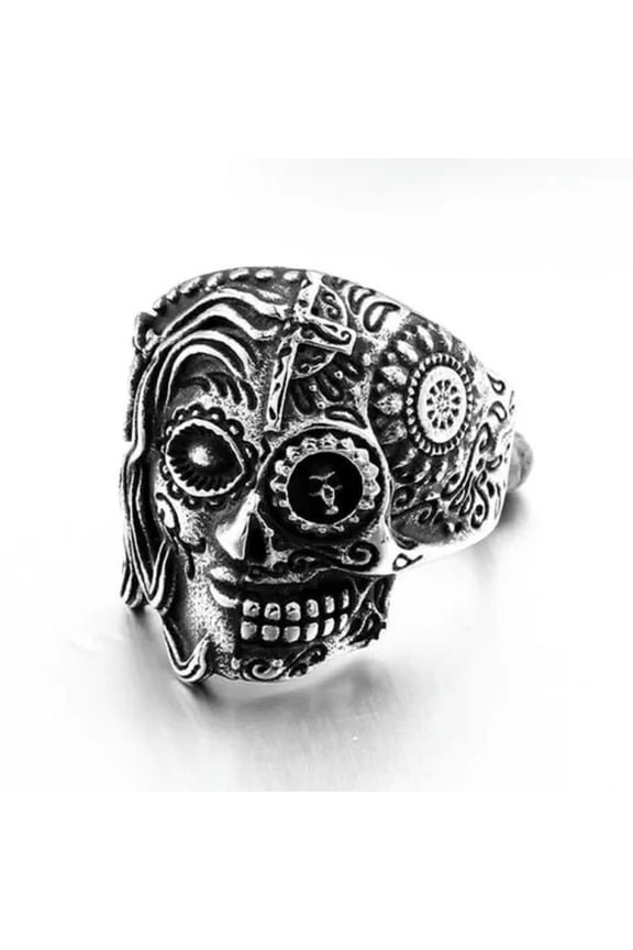 Vintage Half Face Skull Ring Stainless Steel Gothic Good & Evil Skull Punk Ring-7