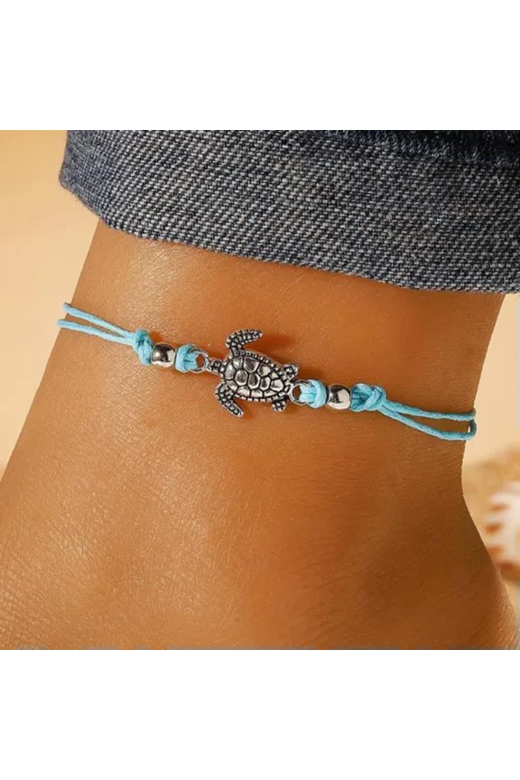 Vintage Hemp Rope Sea Turtle Anklet Handmade Braided Turtle Beach Foot Jewelry-Blue