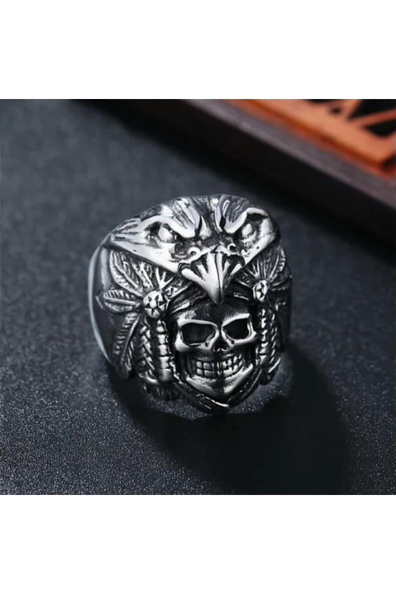Vintage Indian Eagle Skull Ring Men's Stainless Steel Tribal Skull Jewelry Ring-12