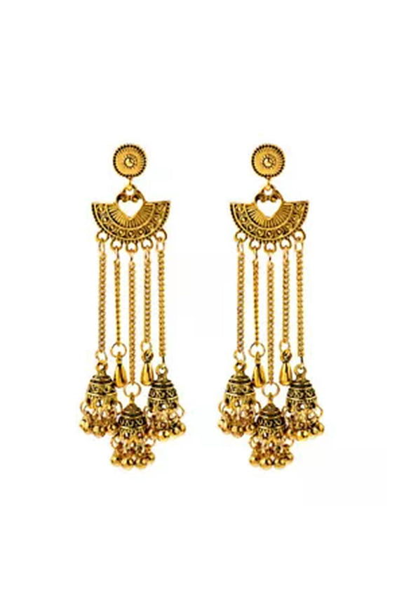 Vintage Jhumka Jhumki Ethnic Long Tassel Bell Drop Earrings Gypsy Indian Jewelry-Gold