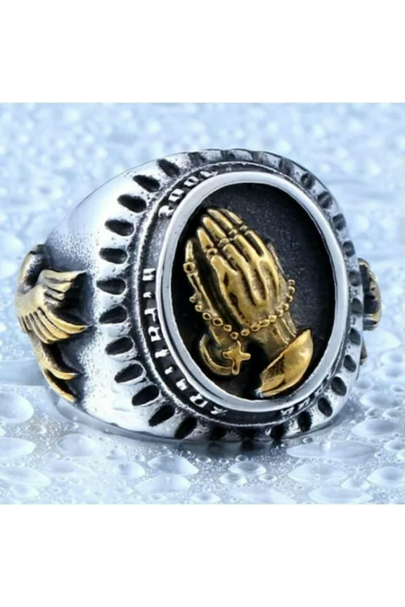 Vintage Lord's Prayer Praying Hands Ring Stainless Steel Cross Angels Dove Ring-13