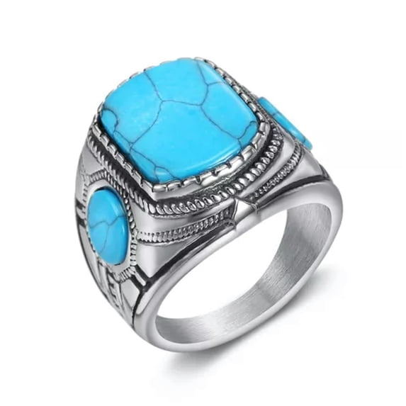 HOOUN Vintage Mens Silver Stainless Steel Gothic Viking Skull Biker Rings Jewelry 7-15-11-#31-Blue Turquoise