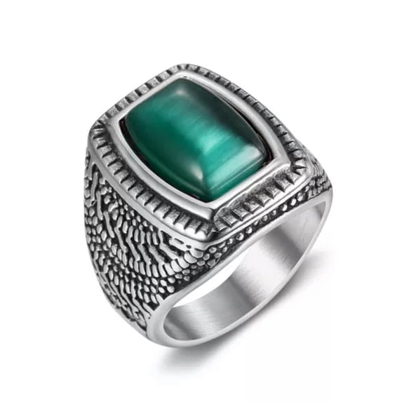 HOOUN Vintage Mens Silver Stainless Steel Gothic Viking Skull Biker Rings Jewelry 7-15-7-#35-Green Jade