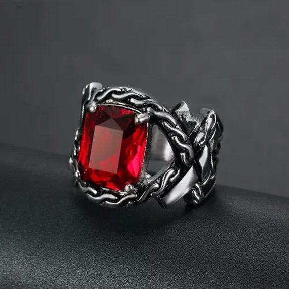 HOOUN Vintage Mens Silver Stainless Steel Gothic Viking Skull Biker Rings Jewelry 7-15-7-#24-Red