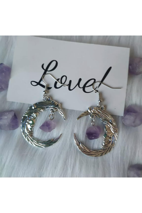 Vintage Moon Amethyst Stone Crystal Quartz Ear Hook Earrings Hip Hop Jewelry