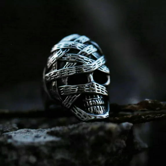 HOOUN Vintage Mummy Skull Ring Stainless Steel Men's Gothic Bandage Skull Biker Ring-13