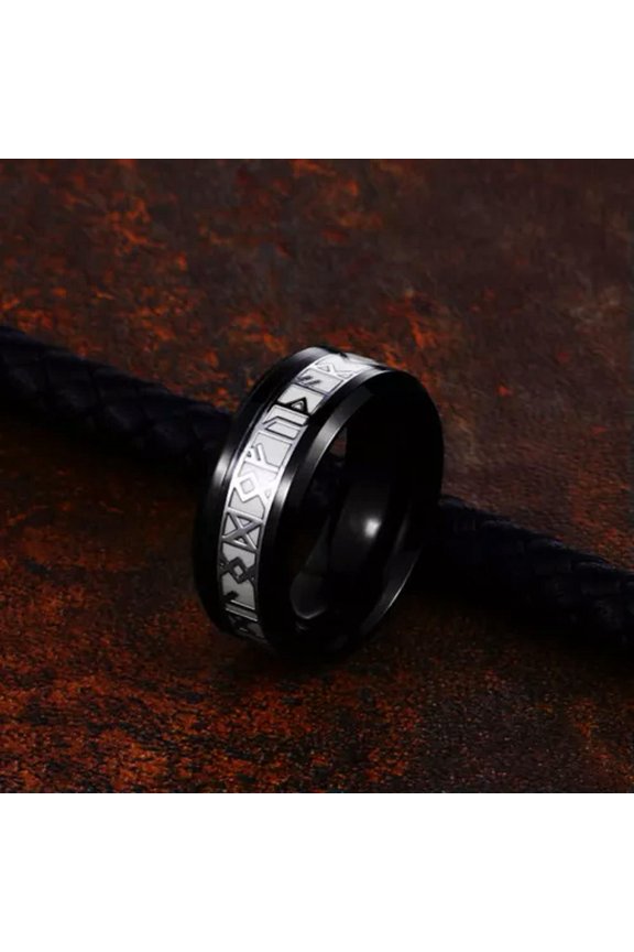 Vintage Mystery Runes Luminous Ring Black Titanium Wedding Band Ring Size 7-13-9