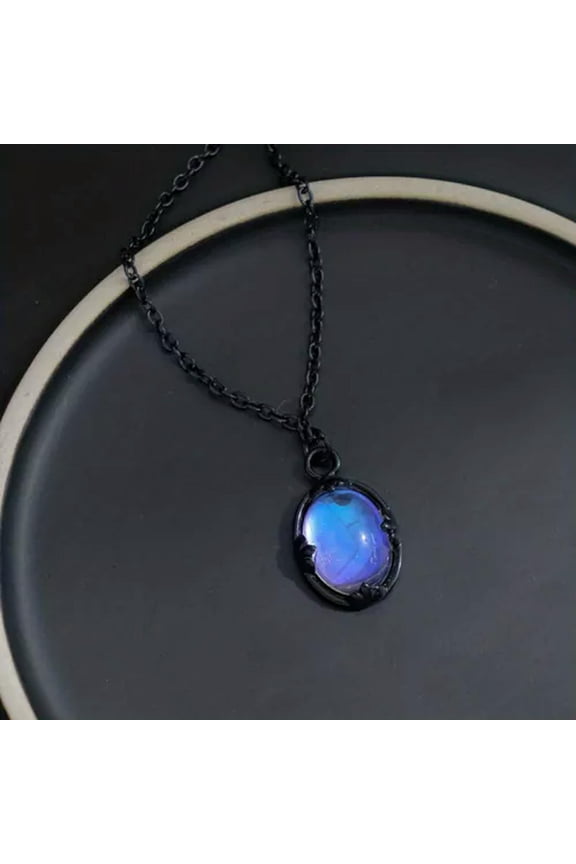 Vintage Oval Moonstone Malachite Pendant Women's Clavicle Chain Accessories-01#Black Moonstone