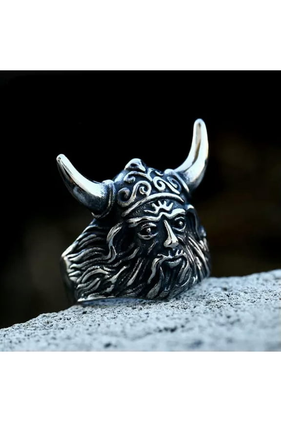 Vintage Ox Horn Helmet Warrior Ring Stainless Steel Viking Biker Ring Size 7-13-10