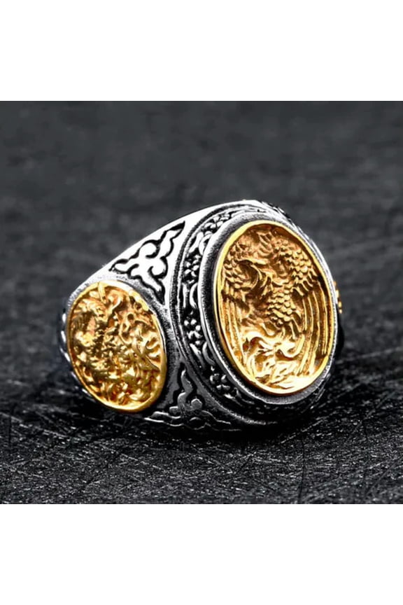Vintage Phoenix Dragon Pattern Signet Ring Stainless Steel Tribal Lucky Men Ring-12