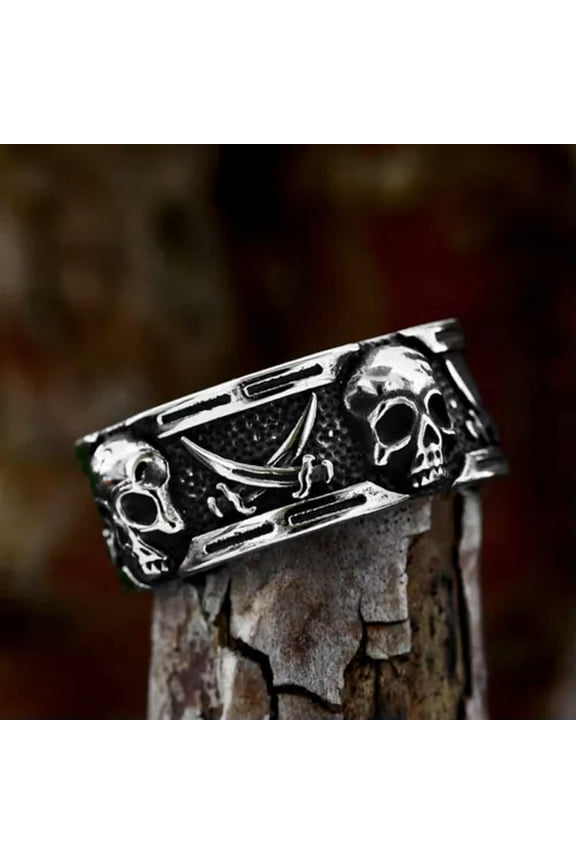 Vintage Pirate Cross Sword Skull Ring Stainless Steel Gothic Men's Skull Band-8