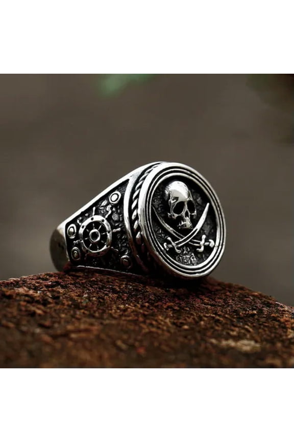 Vintage Pirate Cross Sword Skull Ring Stainless Steel Rudder Skull Men's Ring-7