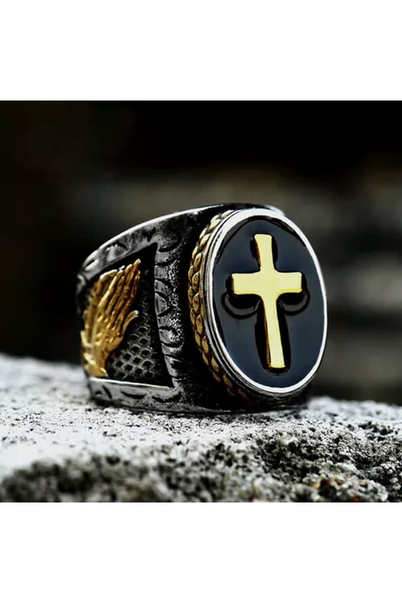 Vintage Prayer Praying Hands Cross Signet Ring Stainless Steel Retro Biker Ring-7