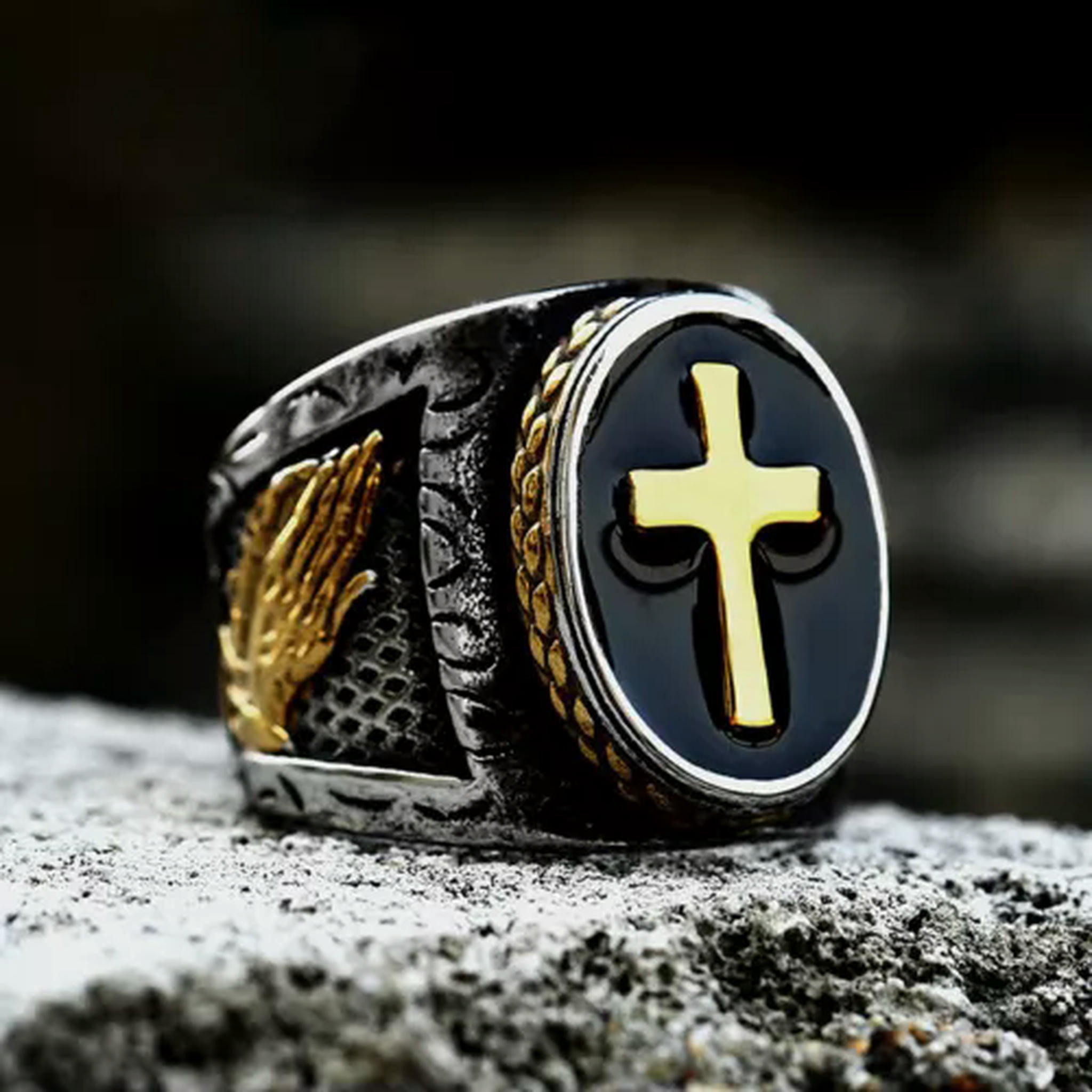 HOOUN Vintage Prayer Praying Hands Cross Signet Ring Stainless