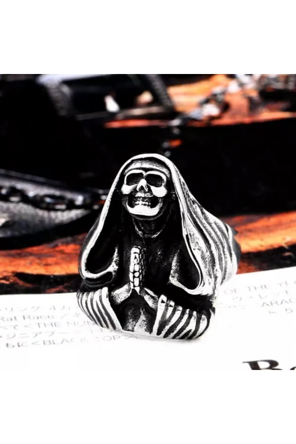 Vintage Praying Cloak Skull Ring Stainless Steel Peace Skeleton Biker Punk Ring-12