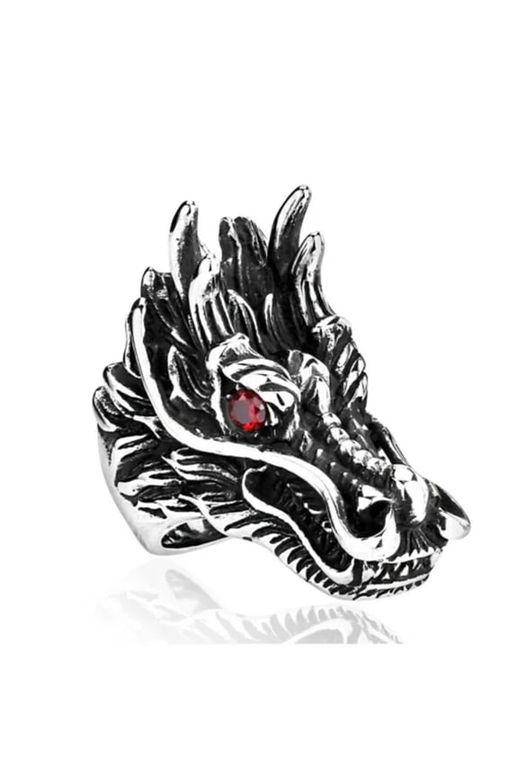 Vintage Red CZ Eye Dragon Head Ring Stainless Steel Gothic Men's Biker Punk Ring-12