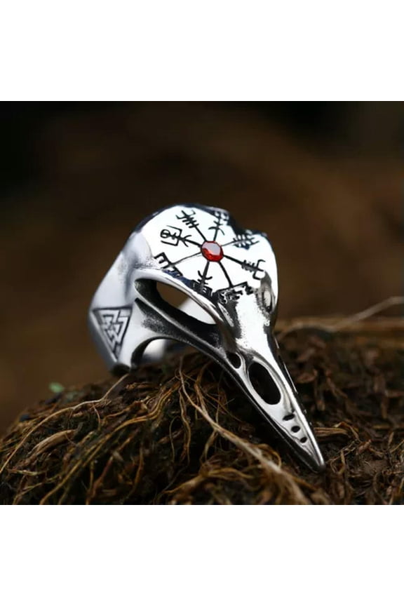 Vintage Red CZ Viking Compass Eagle Skull Ring Stainless Steel Crow Skull Ring-8