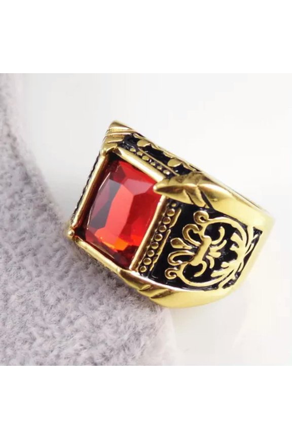 Vintage Retro Four Colour Cubic Zirconia Gold Stainless Steel Men Casting Ring -US 9#-Red