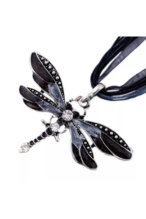 Vintage Silver Dragonfly Pendant Necklace Chain Crystal Rhinestone Women Jewelry-Black