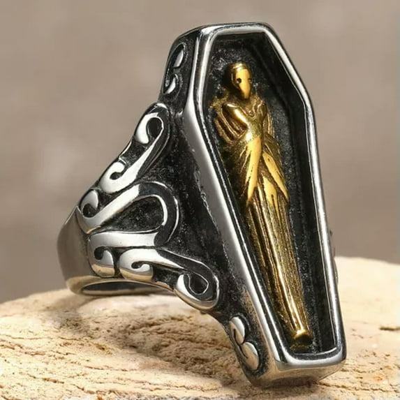 HOOUN Vintage Silver Gold Vampire Coffin Mummy Ring Stainless Steel Gothic Skull Ring-10