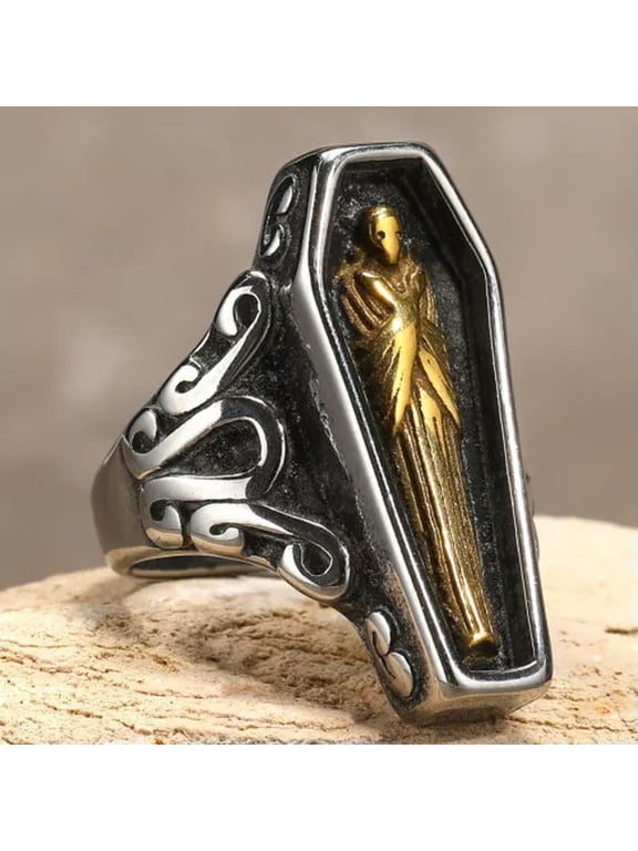 Vintage Silver Gold Vampire Coffin Mummy Ring Stainless Steel Gothic Skull Ring-7