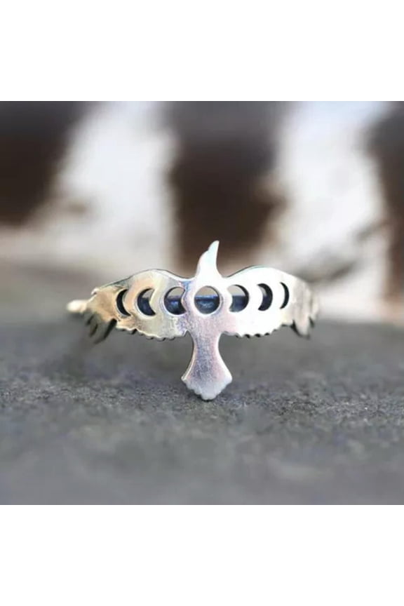 Vintage Silver Hollow Moon Phase Stacking Ring Fly Bird Band Ring Size 5-10-5