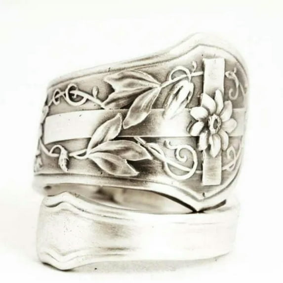 HOOUN Vintage Silver Spoon Ring Flower Leaf Wide Ring Party Jewelry Adjustable Size-01#