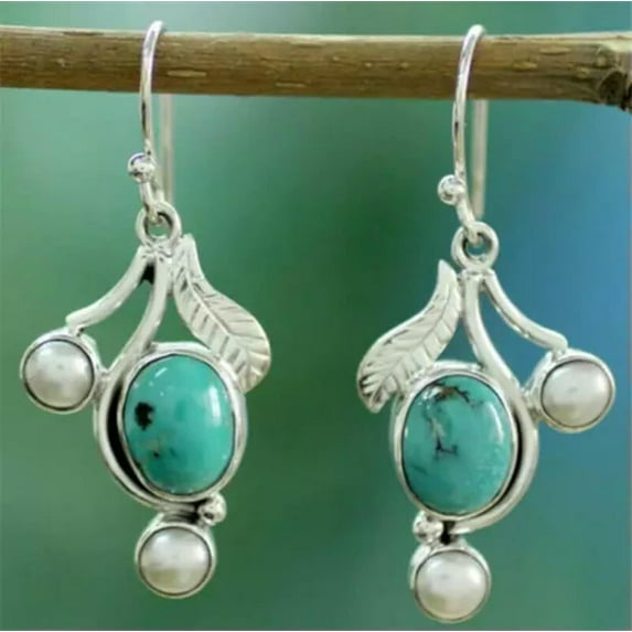 HOOUN Vintage Silver Turquoise Ear Hook Stud Dangle Drop Earrings Women Jewelry A Pair-#2