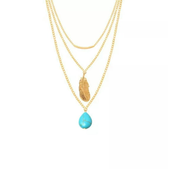 HOOUN Vintage Silver Turquoise Necklace Pendants Chain Boho Western Women Jewelry Gift-5#Gold Feather Turquoise