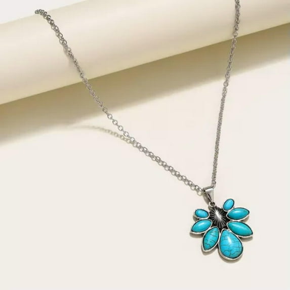 HOOUN Vintage Silver Turquoise Necklace Pendants Chain Boho Western Women Jewelry Gift-7#Waterdrop Turquoise Flower
