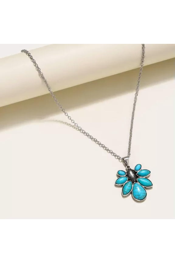 Vintage Silver Turquoise Necklace Pendants Chain Boho Western Women Jewelry Gift-7#Waterdrop Turquoise Flower