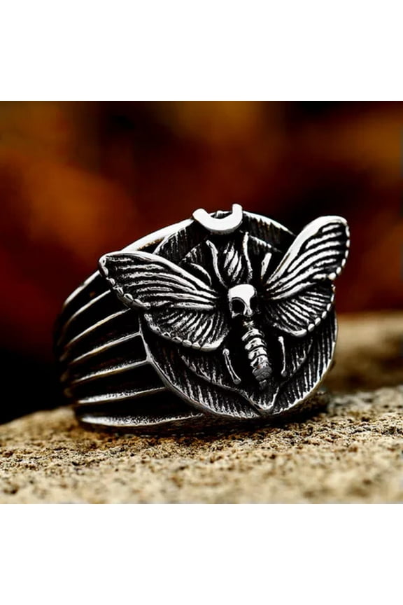 Vintage Skull Pattern Moth Ring Stainless Steel Men's Insect Biker Jewelry Ring-9