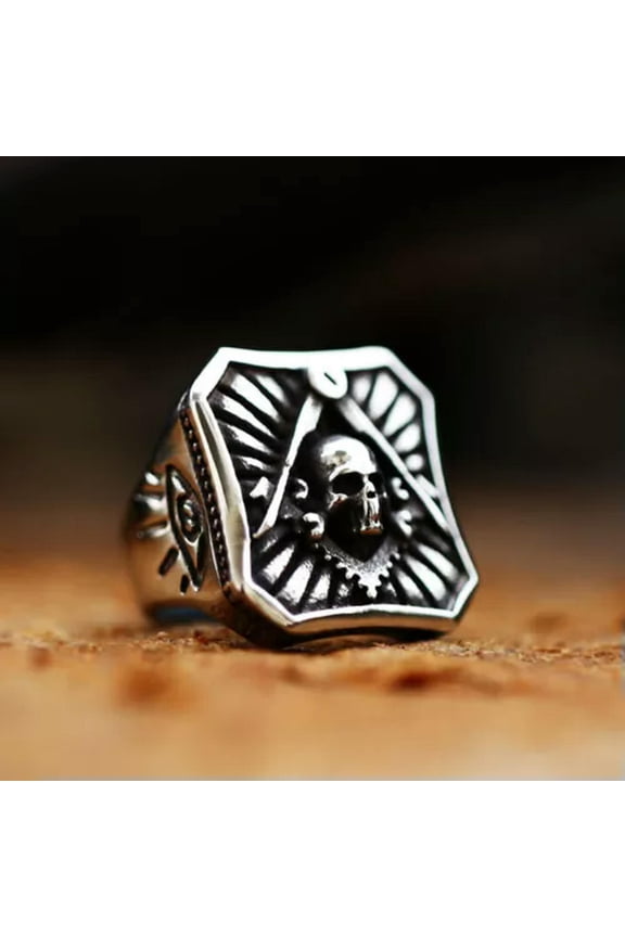 Vintage Square Masonic AG Skull Ring Stainless Steel Men's God Eye Retro Ring-8