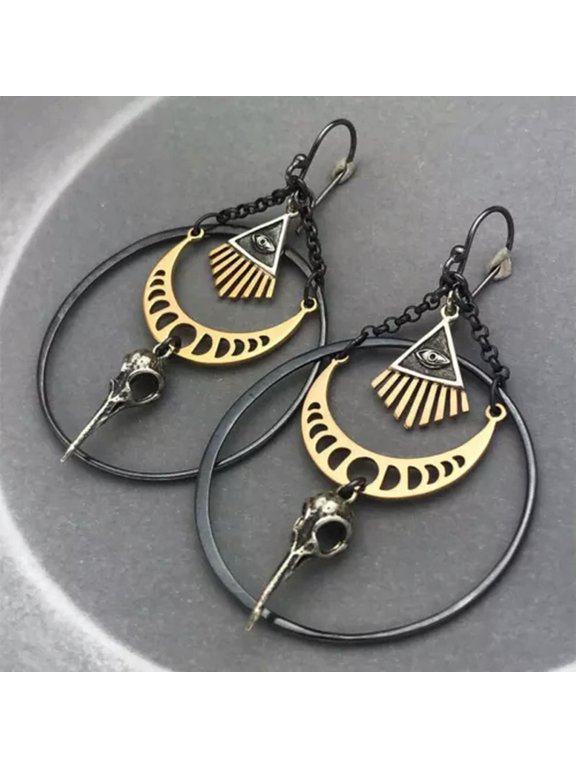 Vintage Style Raven Crow Skull Earrings Dangle Silver Moon Punk Goth Jewelry-02#Moon Raven Skull Devil Eye