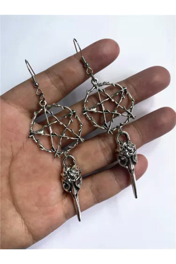 Vintage Style Raven Crow Skull Earrings Dangle Silver Moon Punk Goth Jewelry-04#Pentagram Crow head