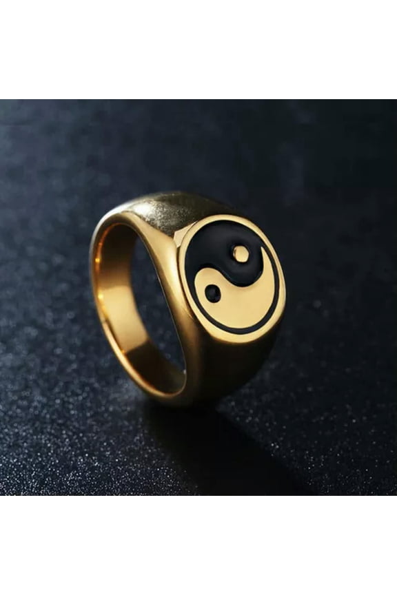 Vintage Tribal Ying Yang Tai Chi Pattern Ring Stainless Steel Punk Biker Ring-10-Gold