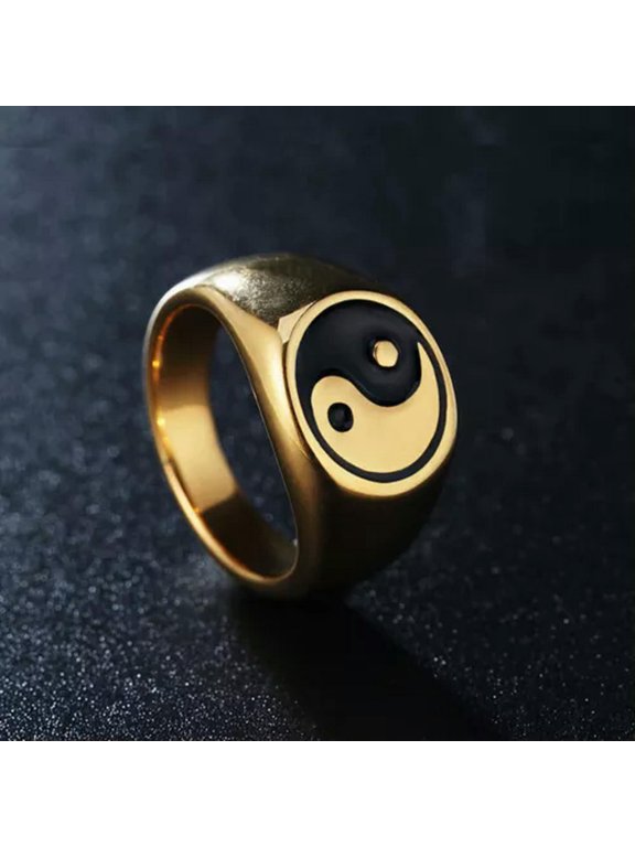 Vintage Tribal Ying Yang Tai Chi Pattern Ring Stainless Steel Punk Biker Ring-7-Gold