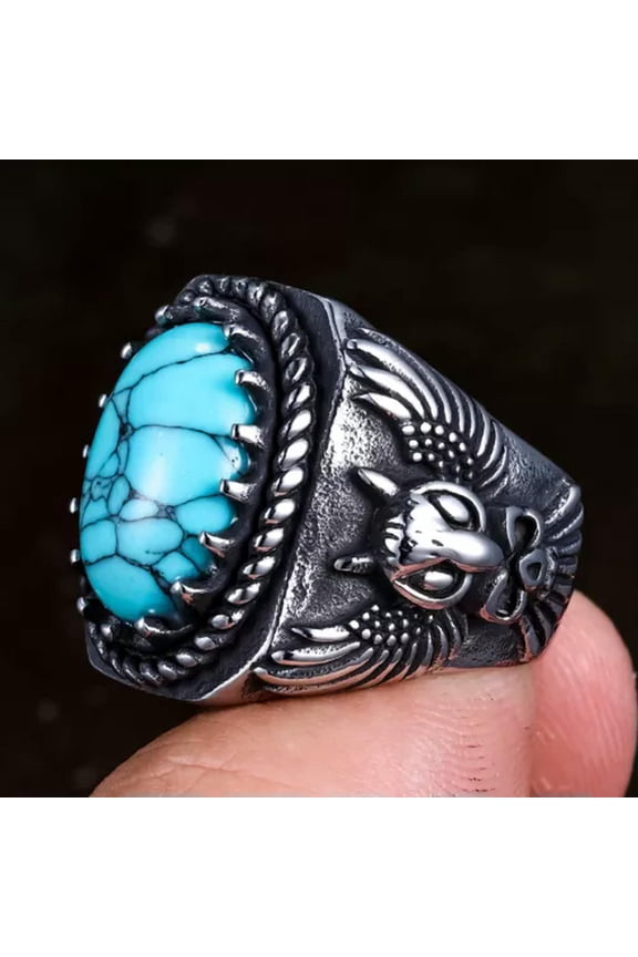 Vintage Turquoise Men's Wedding Ring Stainless Steel Skull Owl Bird Signet Ring-9