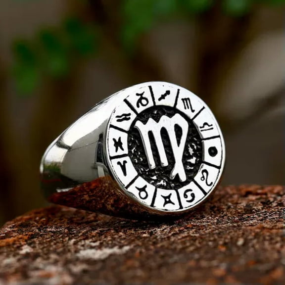HOOUN Vintage VIRGO Star Sign Symbol Ring Stainless Steel Men Women Virgo Ring Gifts-10-Silver