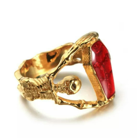 HOOUN Vintage Vampire Blood Coffin Skull Ring Stainless Steel Men Rings Biker Jewelry-10-Gold
