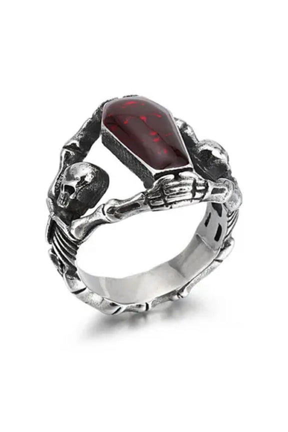 Vintage Vampire Blood Coffin Skull Ring Stainless Steel Men Rings Biker Jewelry-12-Silver