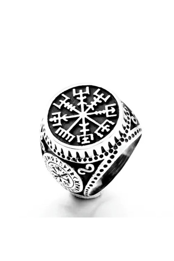 Vintage Viking Compass Ring Stainless Steel Men's Viking The Helm Of Awe Ring -7