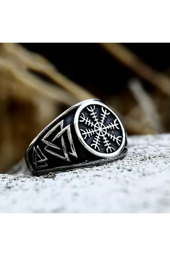 Vintage Viking Runes Compass Valknut Ring Stainless Steel Mens Retro Signet Ring-13