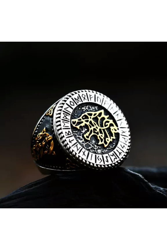 Vintage Viking Totem Signet Ring Stainless Steel Men's Boy's Viking Wedding Ring-9-B(wolf)