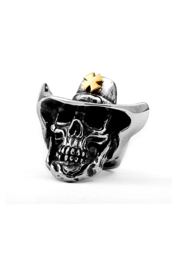 Vintage Western Cowboy Skull Rings Stainless Steel Men's Cross Skull Biker Ring-8