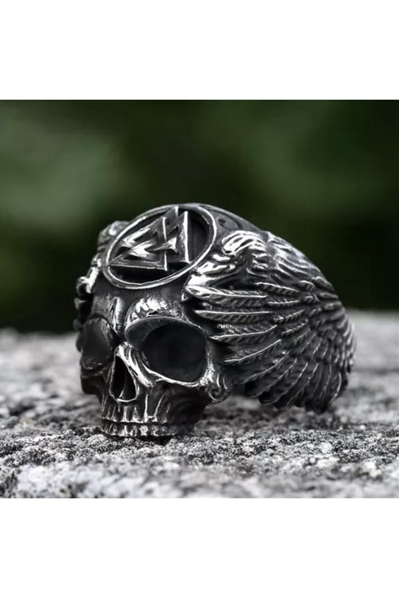 Vintage Wings Valknut Skull Ring Stainless Steel Men's Viking Skull Biker Ring-13