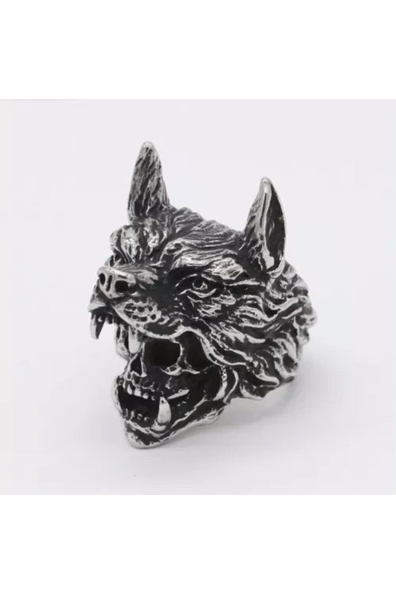 Vintage Wolf Head with Human Skull Ring Stainless Steel Viking Hunter Biker Ring-10