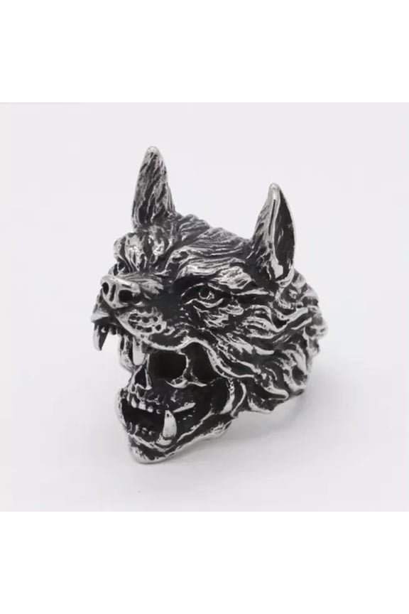 Vintage Wolf Head with Human Skull Ring Stainless Steel Viking Hunter Biker Ring-9